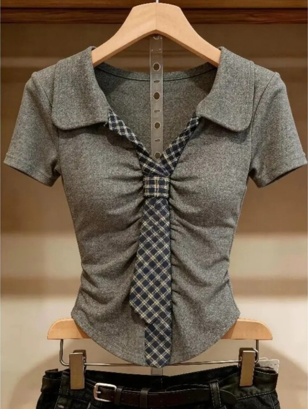 Y2k Women's Checkered Patchwork Tie-Neck Short-Sleeve T-Shirt: Flattering, Top